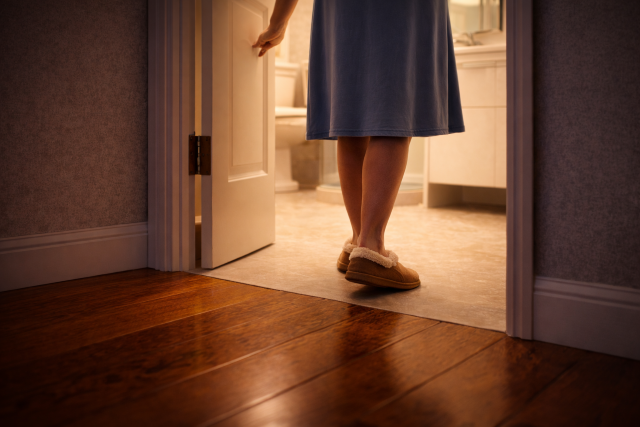 Mujer en camisón y zapatillas entrando al baño durante la noche, representando un despertar nocturno para orinar.