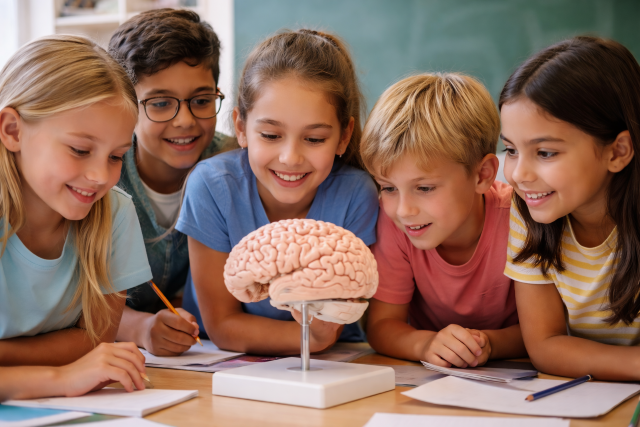 Grupo diverso de escolares observando un modelo de cerebro humano en un aula, representación del aprendizaje y la motivación desde la neurociencia.