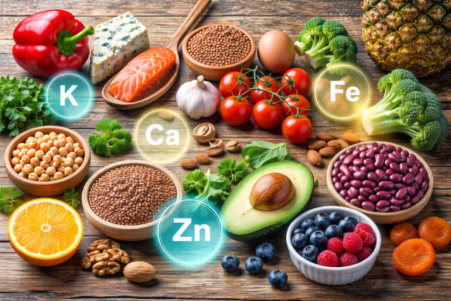 Alimentos ricos en minerales esenciales como calcio, hierro, zinc y potasio dispuestos sobre una mesa de madera, representación de una dieta equilibrada.