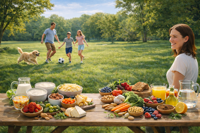 Familia disfrutando de un picnic saludable con alimentos probióticos y prebióticos asociados al equilibrio de la microbiota intestinal