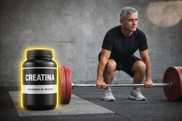 Hombre de mediana edad levantando pesas en el gimnasio con un suplemento de creatina en primer plano