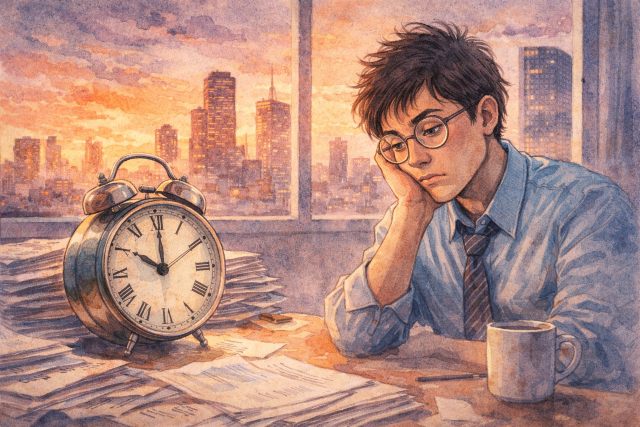 hombre cansado mirando un reloj entre papeles simbolizando procrastinacion y paso del tiempo