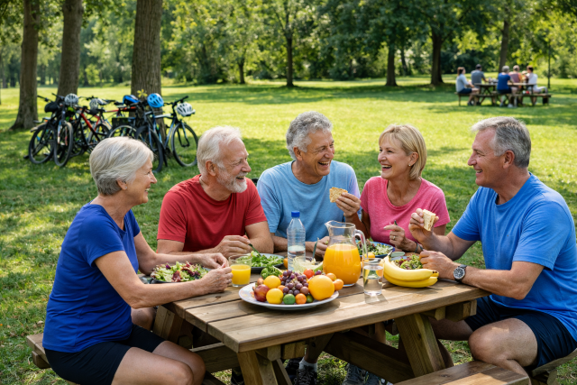 Grupo de personas de unos 60 años comiendo al aire libre tras hacer ejercicio en bicicleta en un parque, con alimentos saludables sobre la mesa