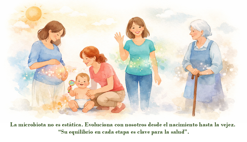 Evolucion de la microbiota humana a lo largo de la vida desde embarazo infancia edad adulta y vejez.