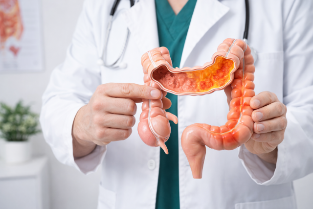 Médico explicando modelo anatómico del colon con áreas de inflamación leve en consulta clínica