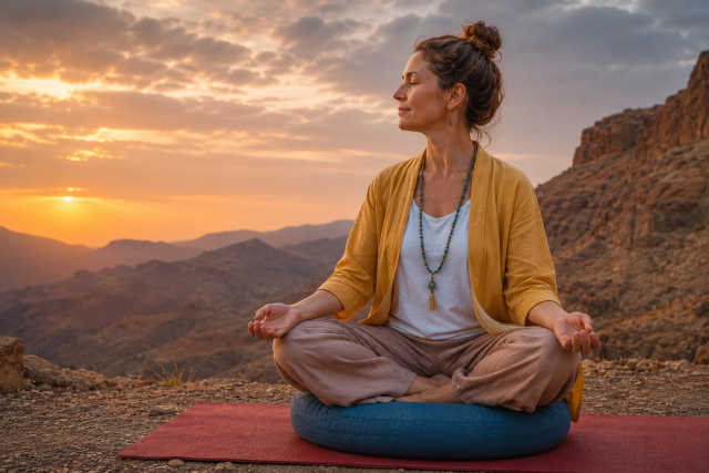 Mujer meditando al atardecer en un paisaje montañoso, representando equilibrio, calma y regulación interna del organismo.