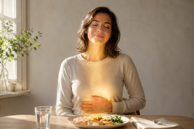 Persona sentada a la mesa con una mano sobre el abdomen, representando la comunicación entre el estómago, el cerebro y la sensación de hambre.