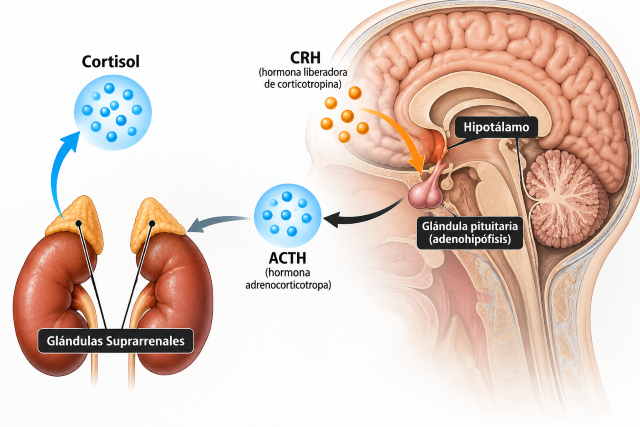 Eje hipotálamo-hipófisis-suprarrenal y regulación de la producción de cortisol mediante CRH y ACTH.