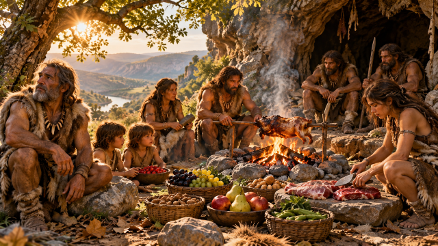 Grupo de cazadores-recolectores prehistóricos preparando alimentos alrededor de una hoguera junto a una cueva.